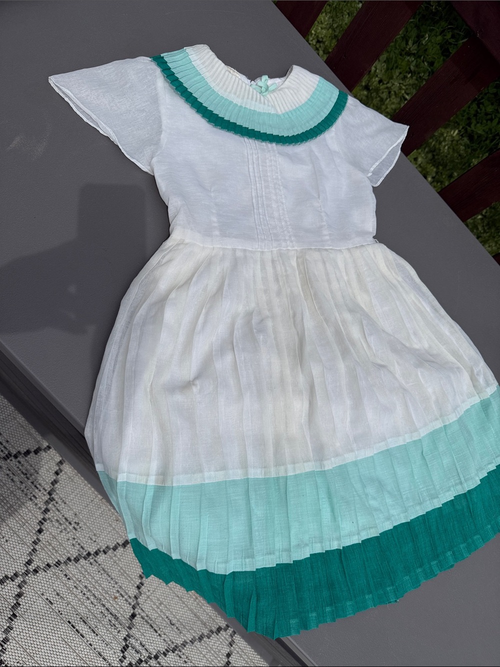 Girls White Dress with Teal Accent Collar and Hem